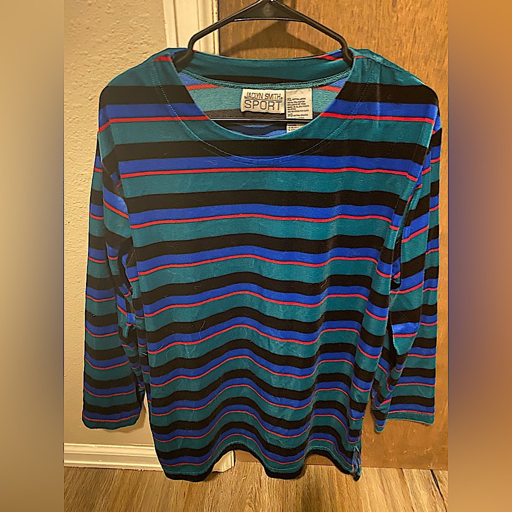 Velvet Green, Black, Blue and Red striped sweater